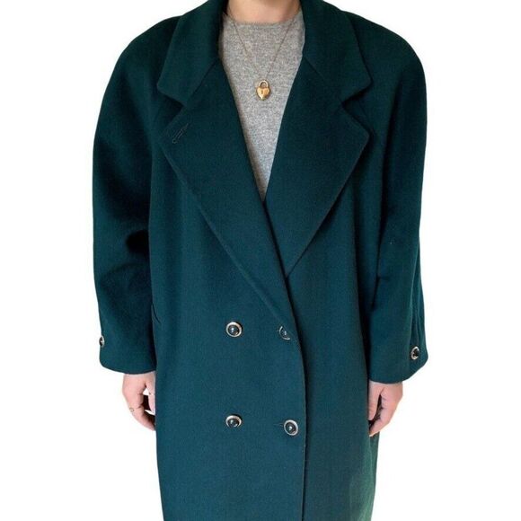 Vintage Ann Milstein Emerald Green Wool Exaggerated Shoulders Trench Coat Sz XL - Picture 7 of 12